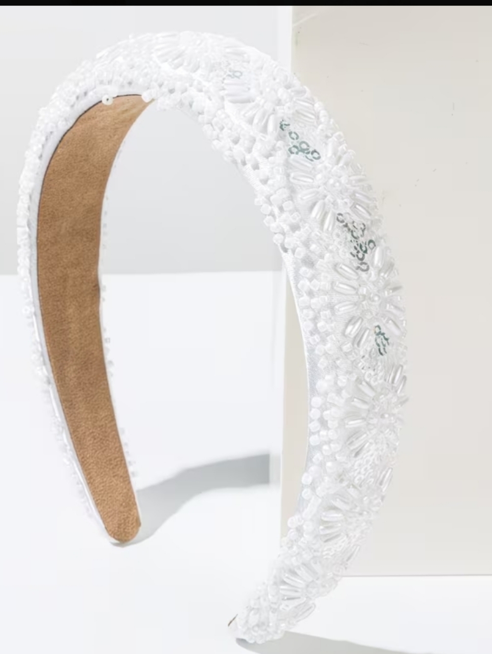 White Headband Hand Sewn Rice Beads Sequins
